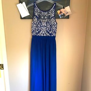 Royal blue floor length gown with beading